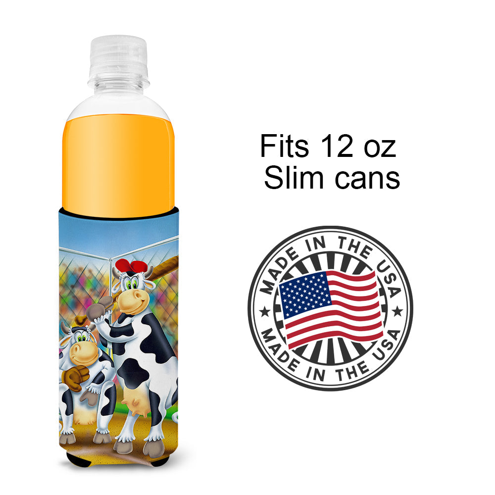 Cow playing Baseball Slim Can Hugger , Insulated Foam Hugger for 12 oz Slim Cans, Beer Bottles & Water Bottles, Printed in USA