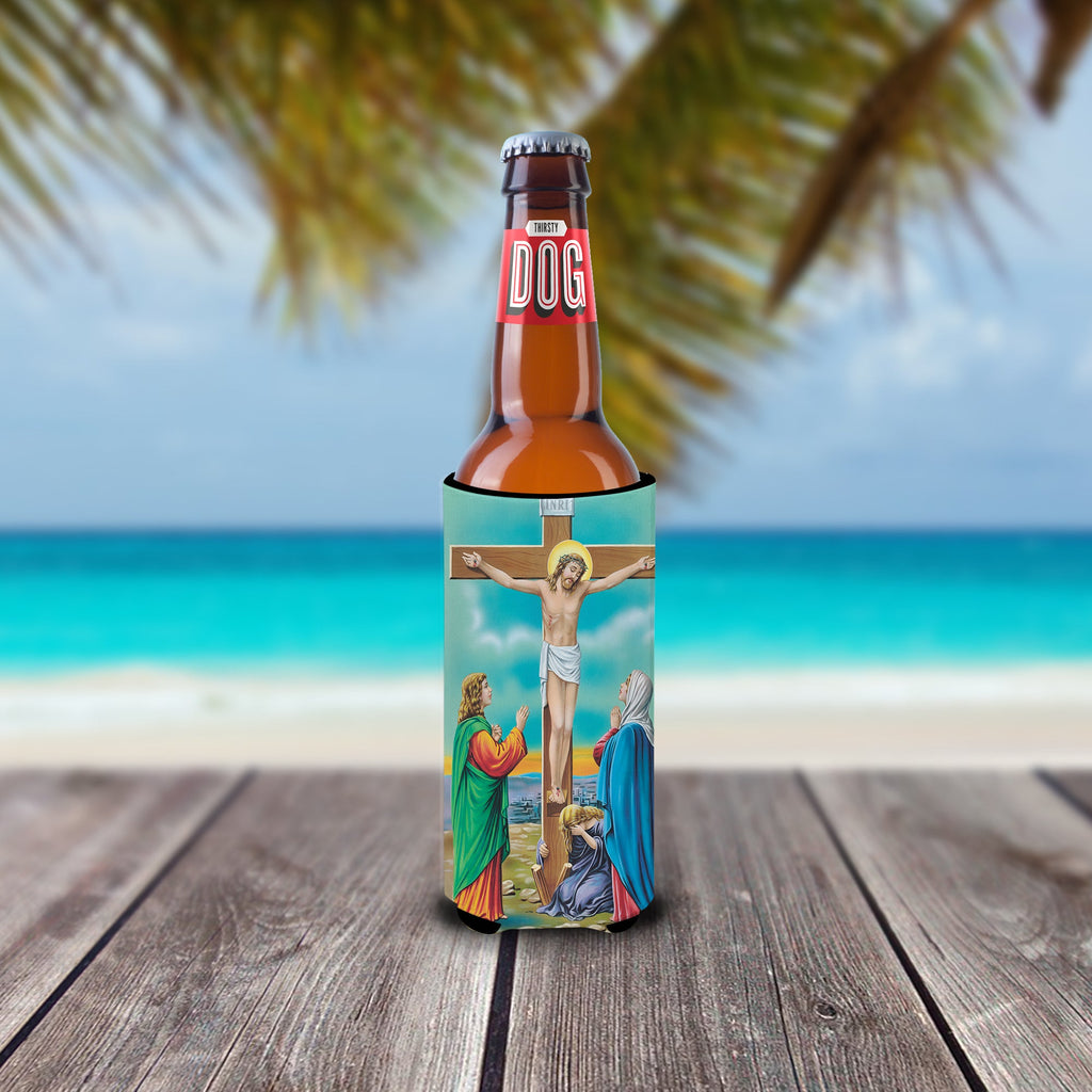 Jesus on the Cross Crucifixion Slim Can Hugger , Insulated Foam Hugger for 12 oz Slim Cans, Beer Bottles & Water Bottles, Printed in USA
