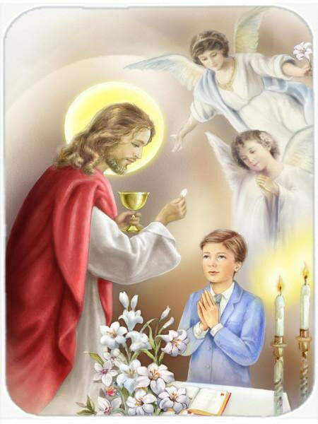 First Communion Boy Cutting Board Tempered Glass Kitchen Cutting Surface, Heat Resistant Chopping, Non-Slip Feet, Food Prep & Serving