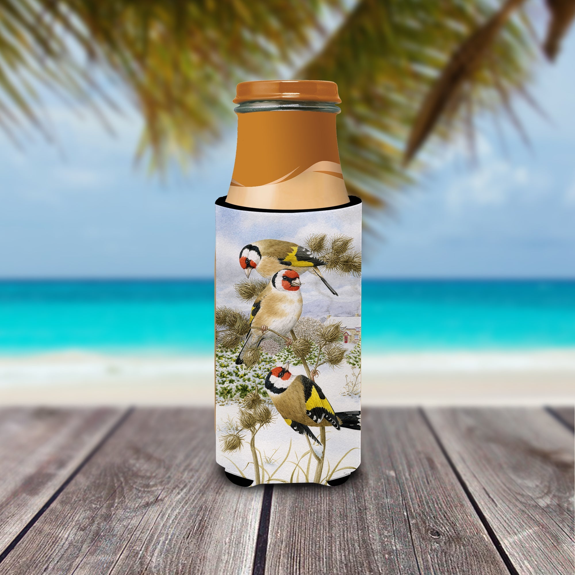 European Goldfinch Slim Can Hugger , Insulated Foam Hugger for 12 oz Slim Cans, Beer Bottles & Water Bottles, Printed in USA