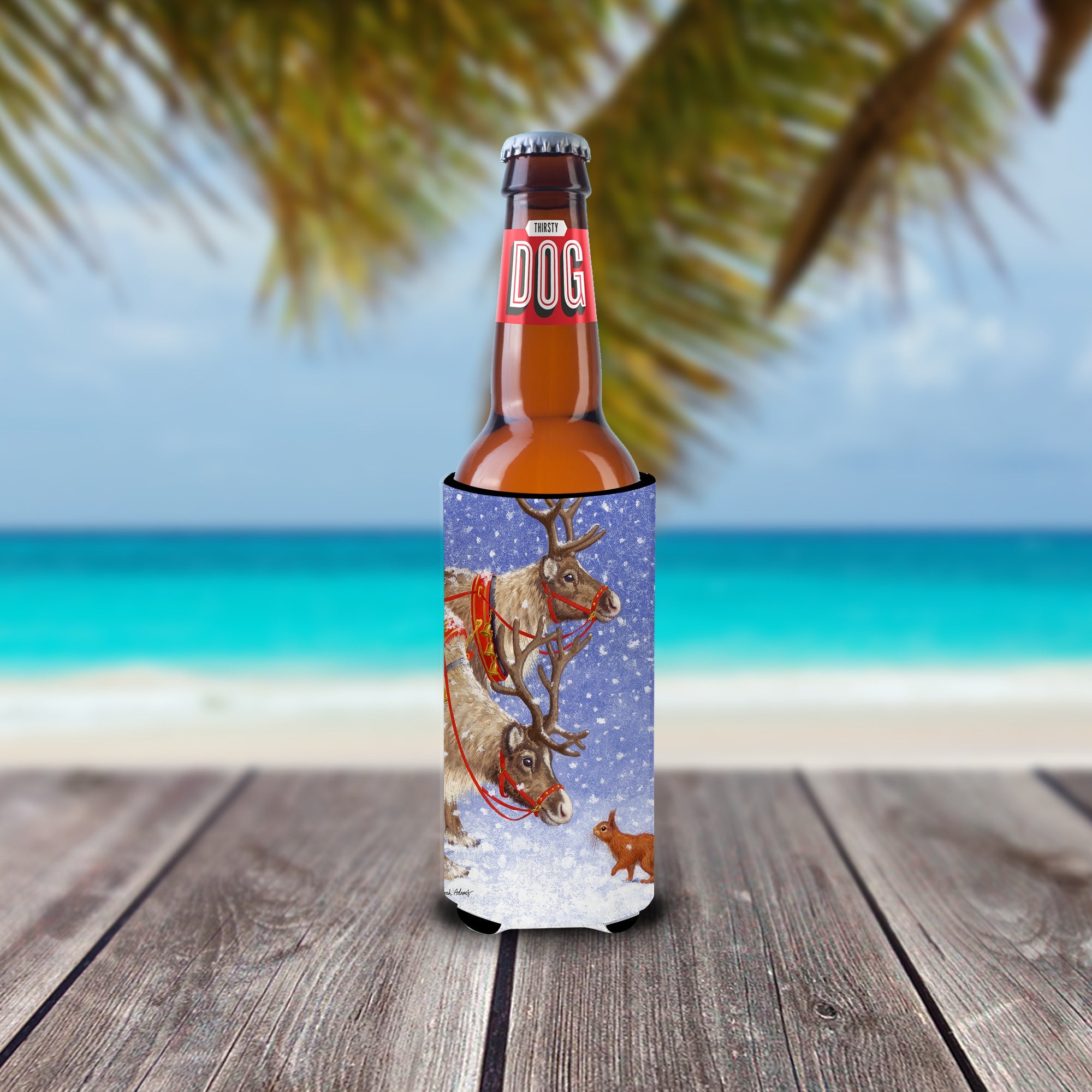 Reindeers & Squirrel Slim Can Hugger , Insulated Foam Hugger for 12 oz Slim Cans, Beer Bottles & Water Bottles, Printed in USA