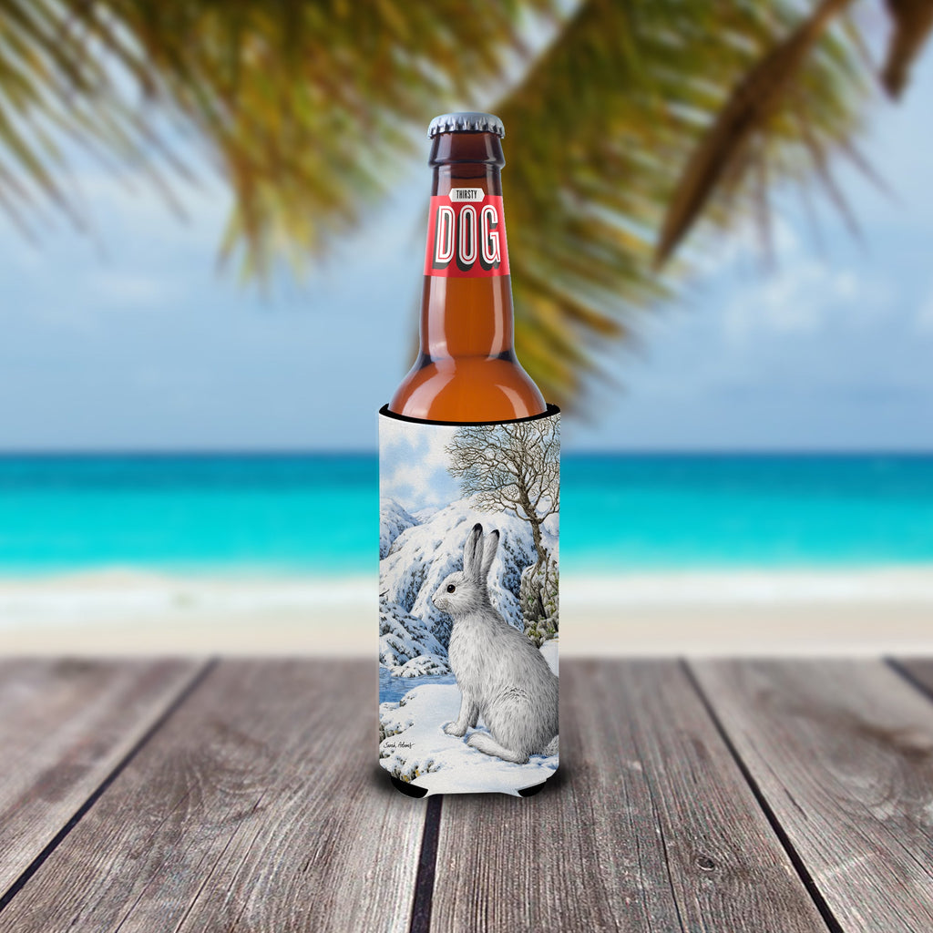 Mountain Hare White Rabbit Slim Can Hugger , Insulated Foam Hugger for 12 oz Slim Cans, Beer Bottles & Water Bottles, Printed in USA