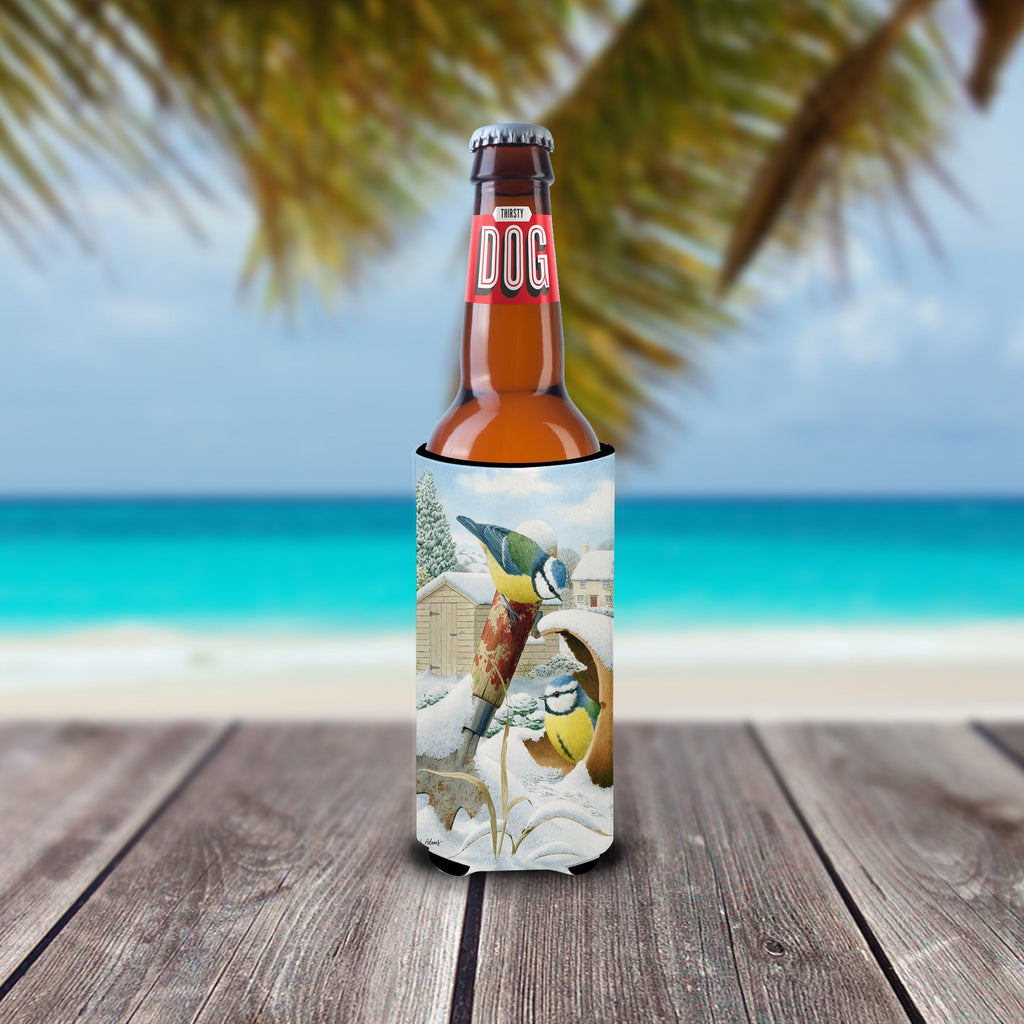 Eurasian Blue Tits Birds in Flower Pot Slim Can Hugger , Insulated Foam Hugger for 12 oz Slim Cans, Beer Bottles & Water Bottles, Printed in USA