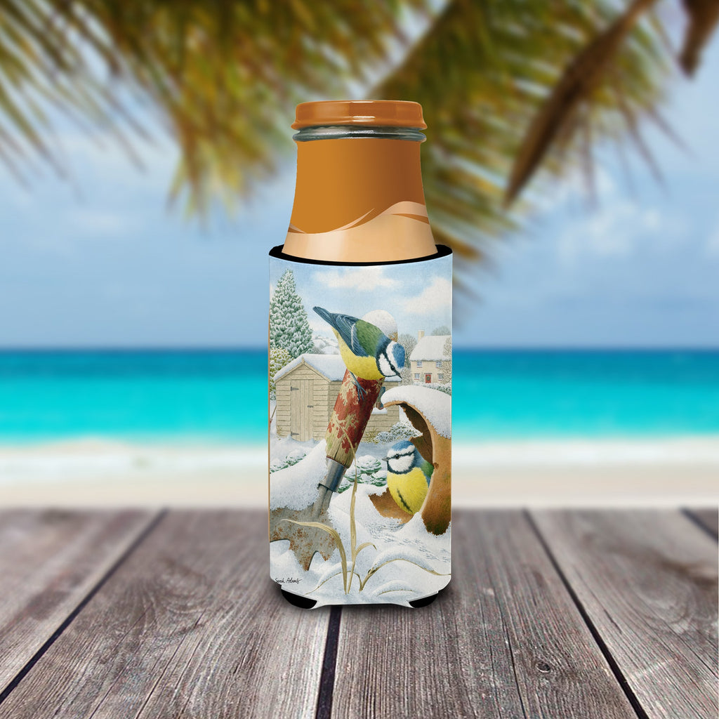 Eurasian Blue Tits Birds in Flower Pot Slim Can Hugger , Insulated Foam Hugger for 12 oz Slim Cans, Beer Bottles & Water Bottles, Printed in USA