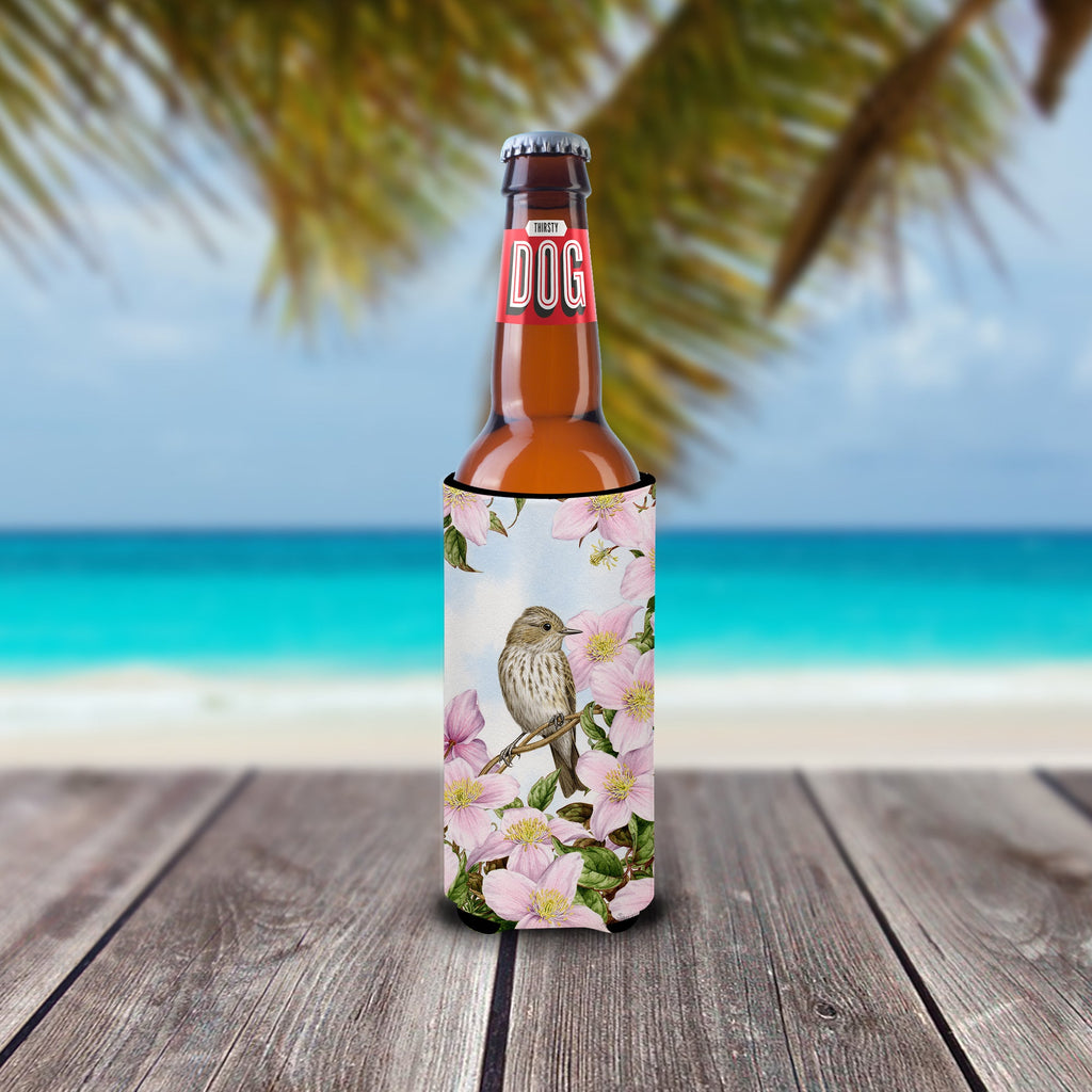 Spotted Flycatcher Slim Can Hugger , Insulated Foam Hugger for 12 oz Slim Cans, Beer Bottles & Water Bottles, Printed in USA