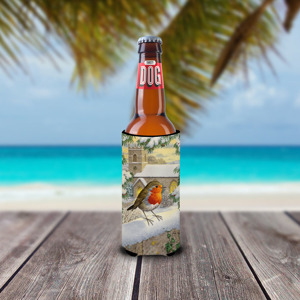European Robin Waiting Slim Can Hugger , Insulated Foam Hugger for 12 oz Slim Cans, Beer Bottles & Water Bottles, Printed in USA