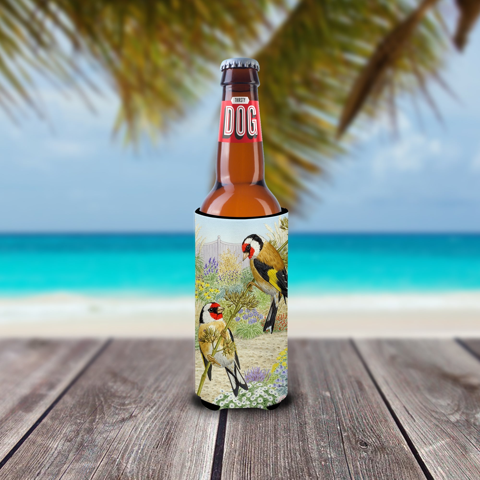 European Goldfinches Slim Can Hugger , Insulated Foam Hugger for 12 oz Slim Cans, Beer Bottles & Water Bottles, Printed in USA