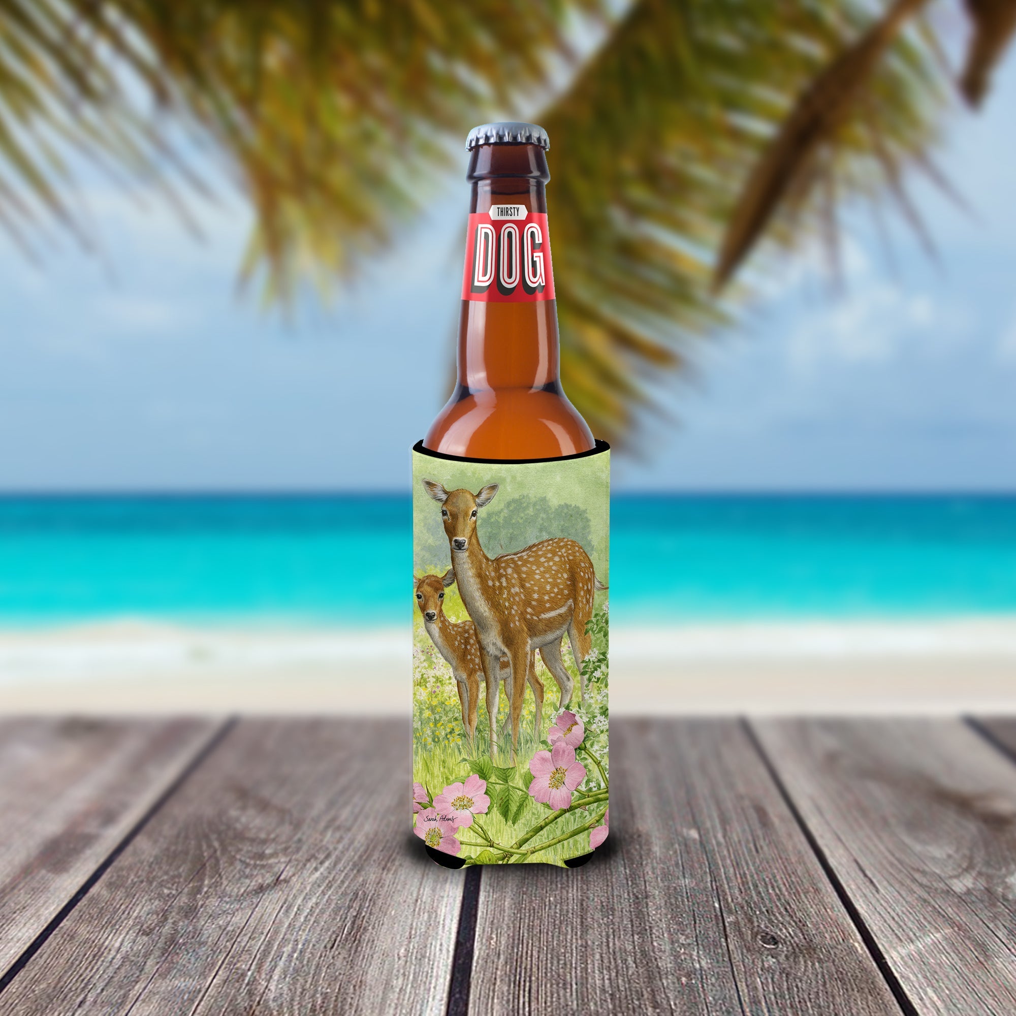 Fallow Deer & Calf Slim Can Hugger , Insulated Foam Hugger for 12 oz Slim Cans, Beer Bottles & Water Bottles, Printed in USA