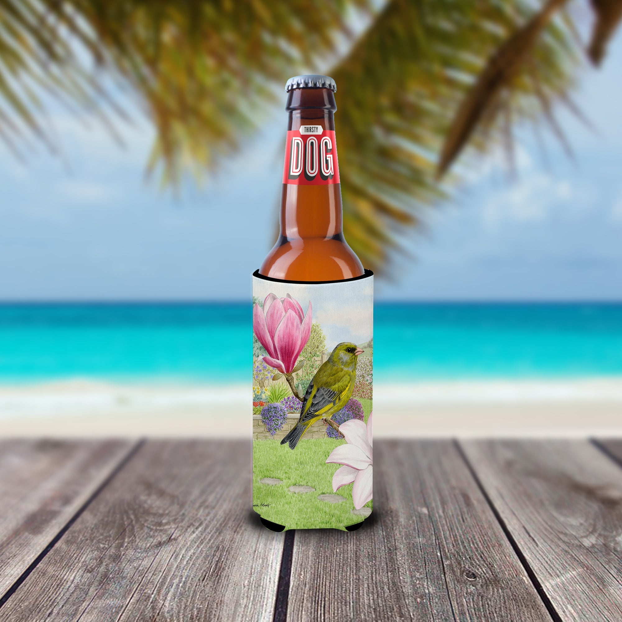 European Greenfinch Slim Can Hugger , Insulated Foam Hugger for 12 oz Slim Cans, Beer Bottles & Water Bottles, Printed in USA