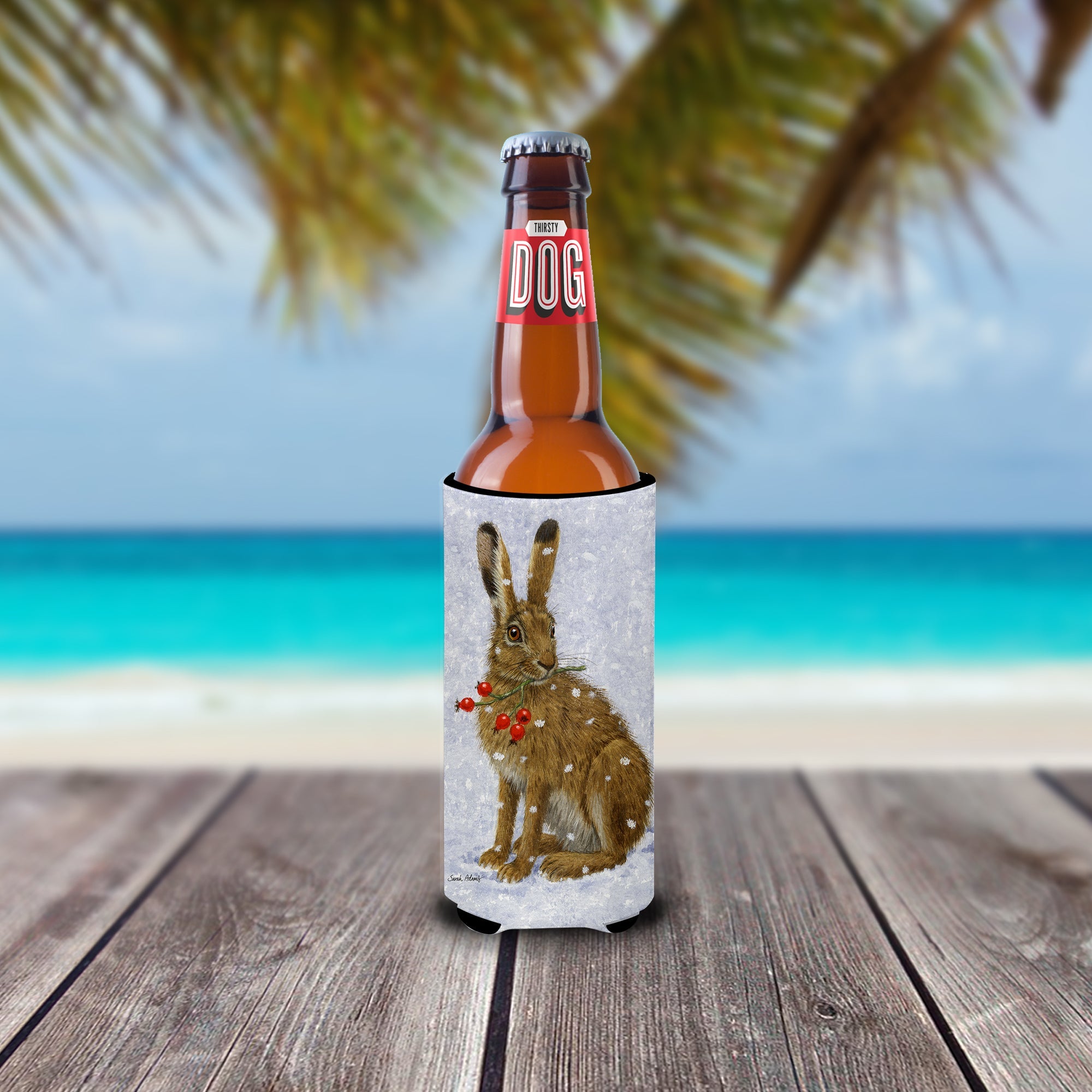 Rabbit Hare & Rosehips Slim Can Hugger , Insulated Foam Hugger for 12 oz Slim Cans, Beer Bottles & Water Bottles, Printed in USA