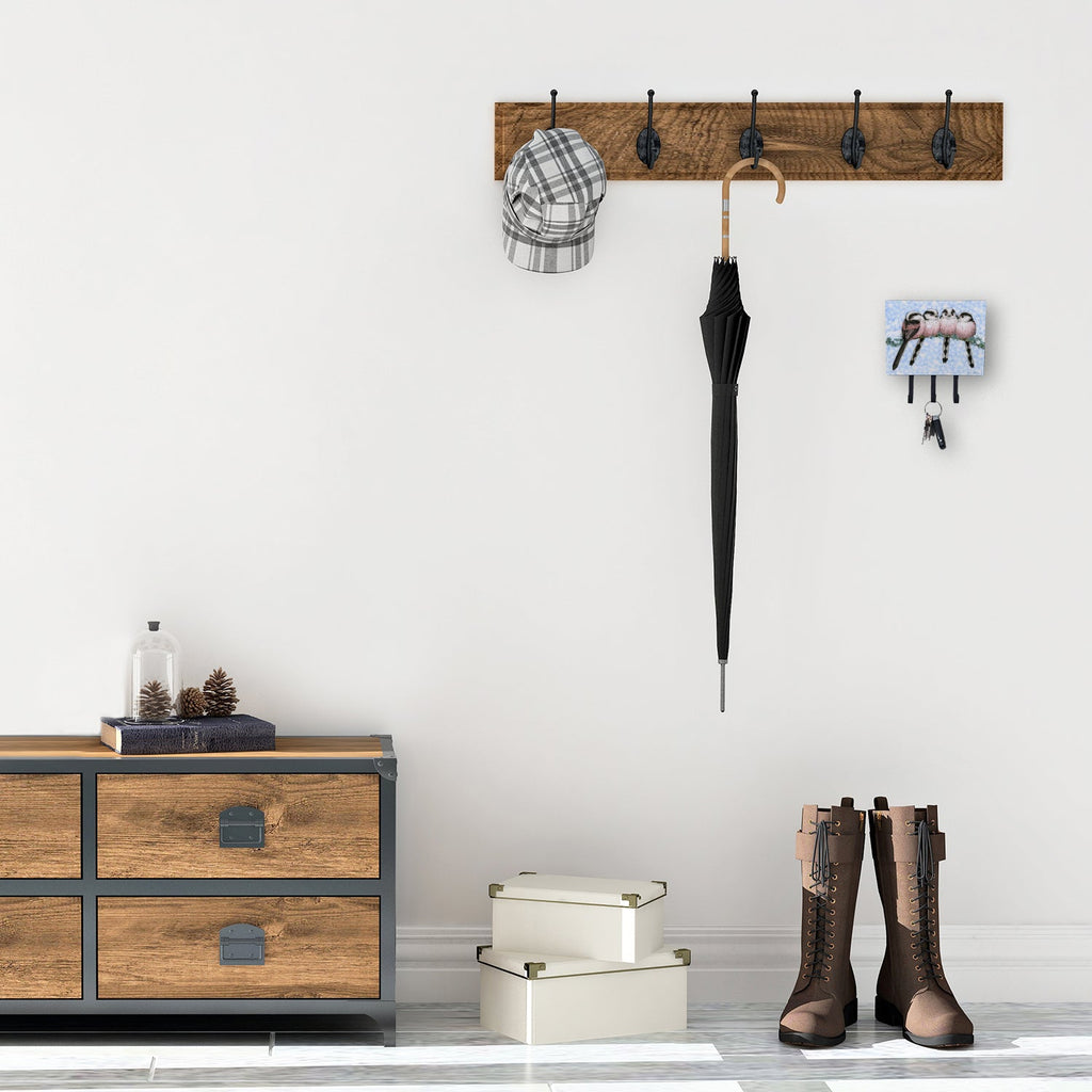 Roosting Long Tailed Tits Leash or Key Holder Wall Hooks, Coat Rack Wall Mount, for Hanging Keys, Towels, Aprons, Leashes