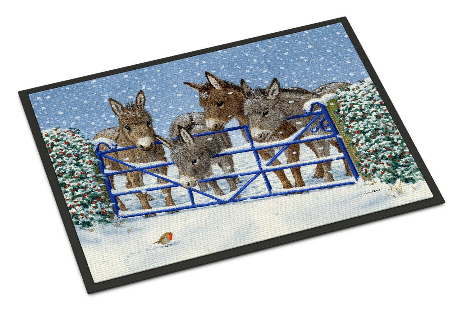 Donkeys and Robin at the Fence Doormat Indoor Outdoor 24H X 36W Front Door Mat Rugs for Entryway, Non Slip Washable Low Pile,