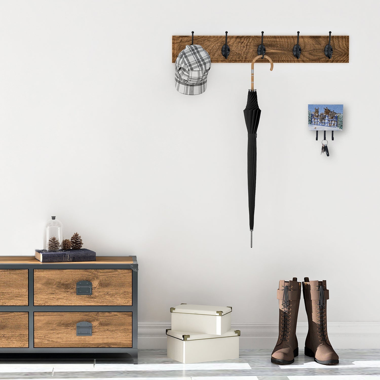 Donkeys and Robin at the Fence Leash or Key Holder Wall Hooks, Coat Rack Wall Mount, for Hanging Keys, Towels, Aprons, Leashes