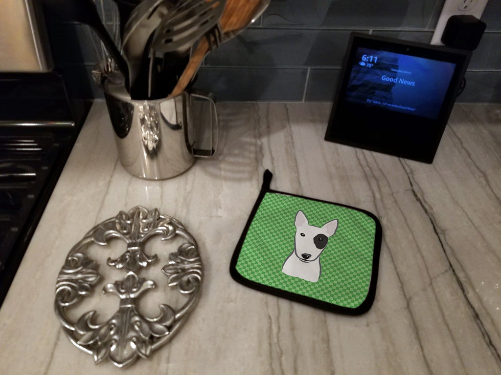 Green Checkered Bull Terrier Pot Holder Set of 2 Heat Resistant Quilted Hot Pads 7.5 x 7.5 Inch, Insulated Kitchen Trivets for Cooking & Baking