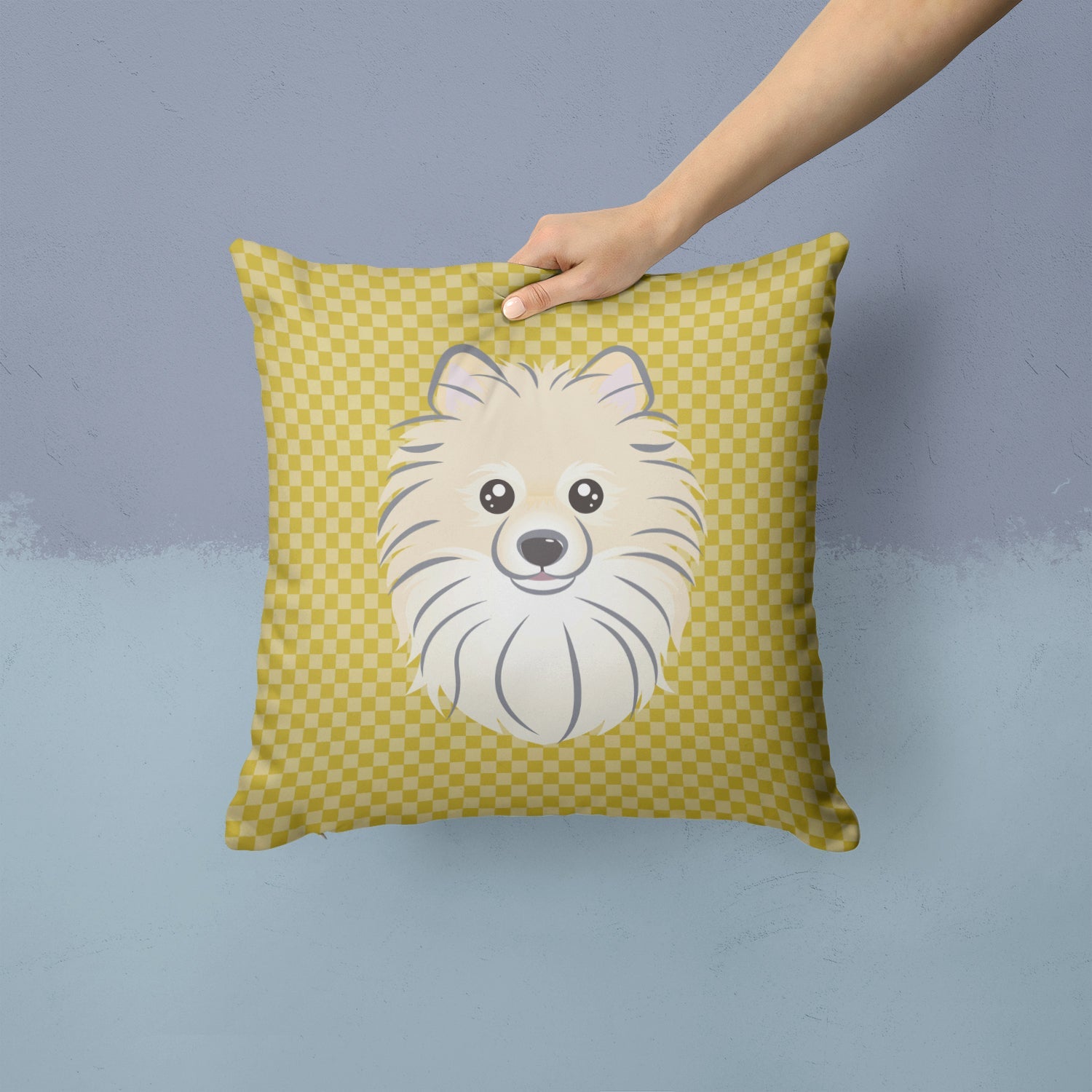 Tan Checkered Pomeranian Decorative Throw Pillow 14x14 Indoor Outdoor Accent Cushion, Fabric Cover with Insert for Sofa, Bed, Porch & Living Room