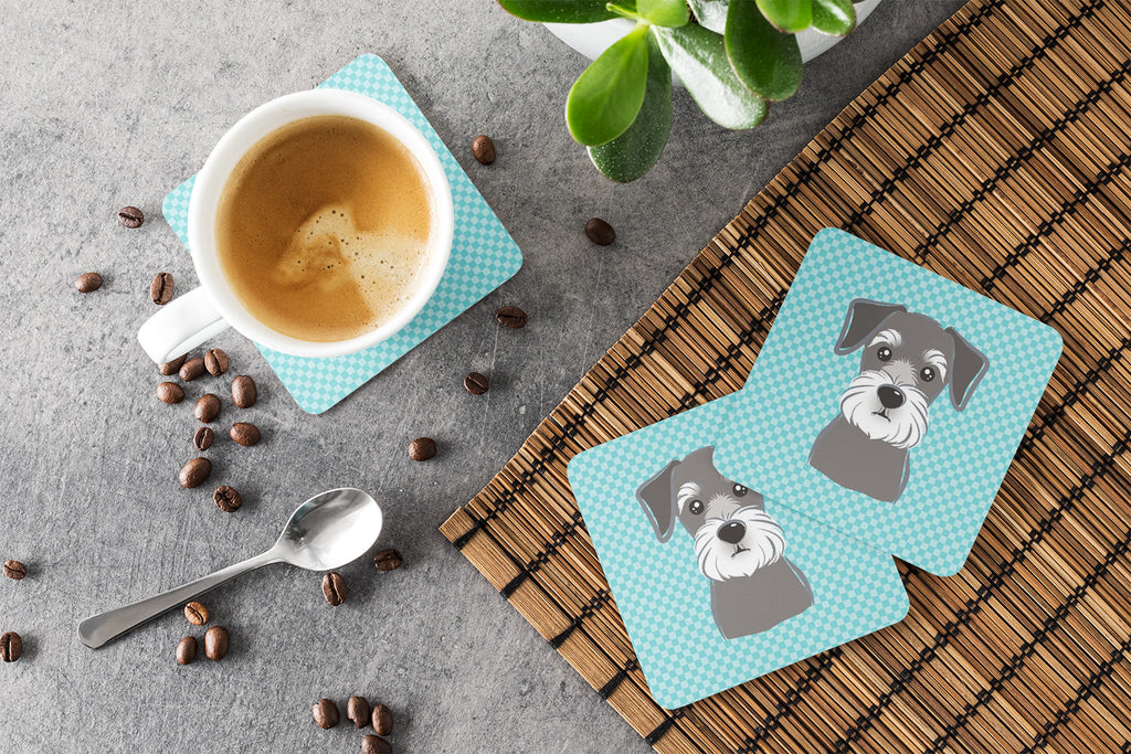 Blue Checkered Schnauzer Foam Coasters Set of 4 Cup Coasters for Indoor Outdoor, Tabletop Protection, Anti Slip, Mouse pad Material