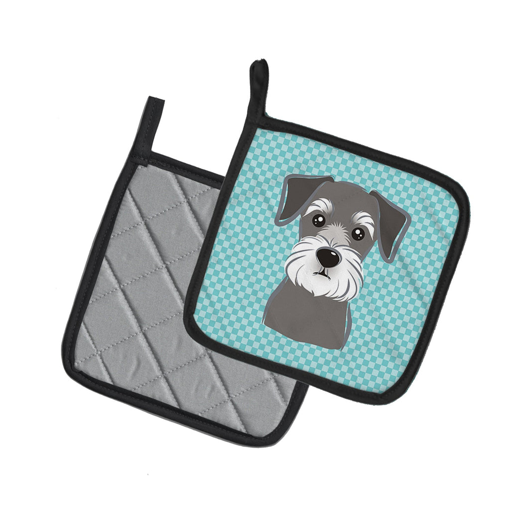 Blue Checkered Schnauzer Pot Holder Set of 2 Heat Resistant Quilted Hot Pads 7.5 x 7.5 Inch, Insulated Kitchen Trivets for Cooking & Baking