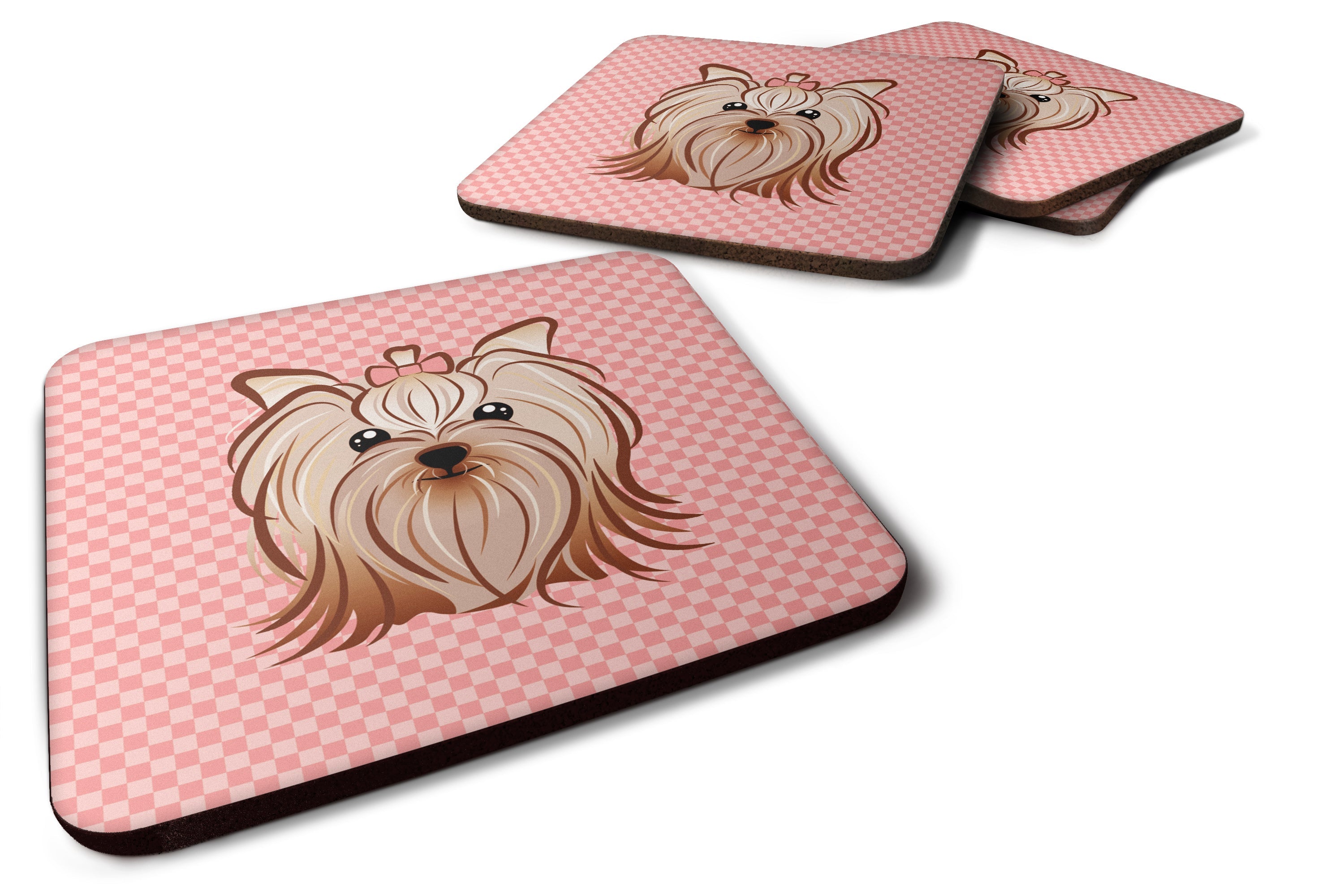 Pink Checkered Yorkie / Yorkshire Terrier Foam Coasters Set of 4 Cup Coasters for Indoor Outdoor, Tabletop Protection, Anti Slip, Mouse pad Material
