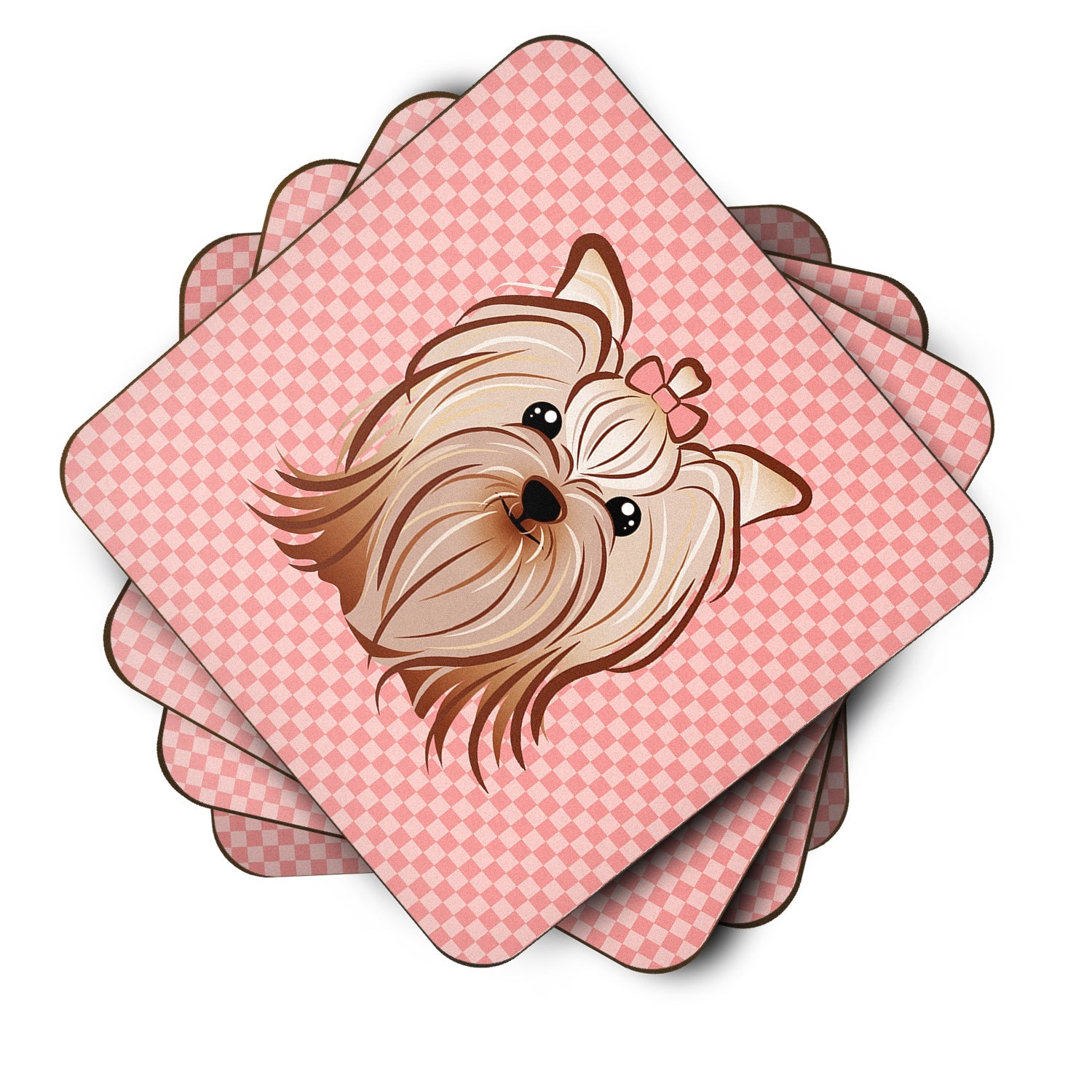 Pink Checkered Yorkie / Yorkshire Terrier Foam Coasters Set of 4 Cup Coasters for Indoor Outdoor, Tabletop Protection, Anti Slip, Mouse pad Material