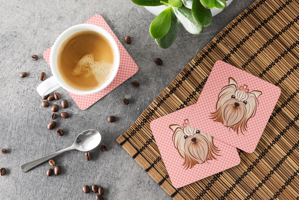 Pink Checkered Yorkie / Yorkshire Terrier Foam Coasters Set of 4 Cup Coasters for Indoor Outdoor, Tabletop Protection, Anti Slip, Mouse pad Material