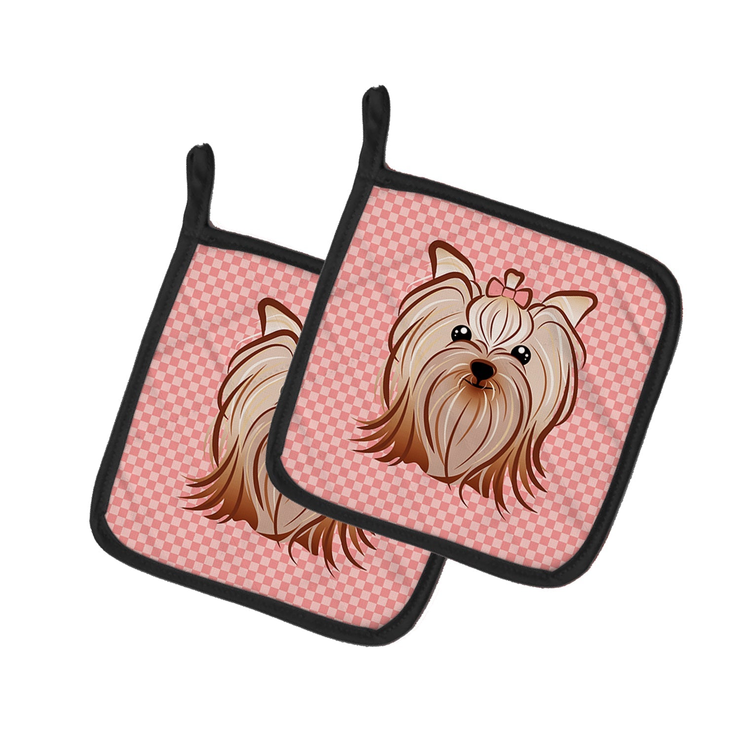 Pink Checkered Yorkie / Yorkshire Terrier Pot Holder Set of 2 Heat Resistant Quilted Hot Pads 7.5 x 7.5 Inch, Insulated Kitchen Trivets for Cooking & Baking