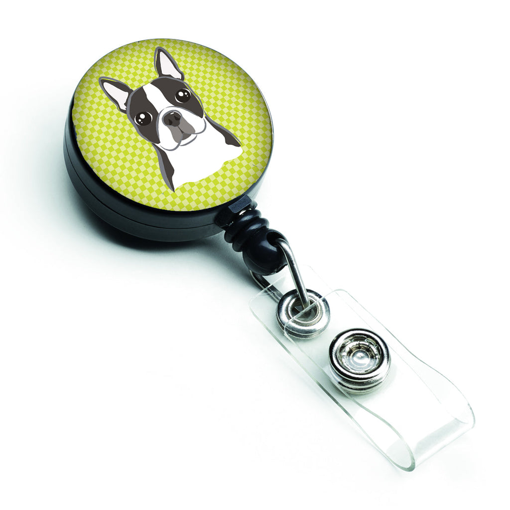 Lime Checkered Boston Terrier Retractable Badge Reel for Nurses ID Badge Holder with Clip Retractable Employee Badge Holder, Belt Clip