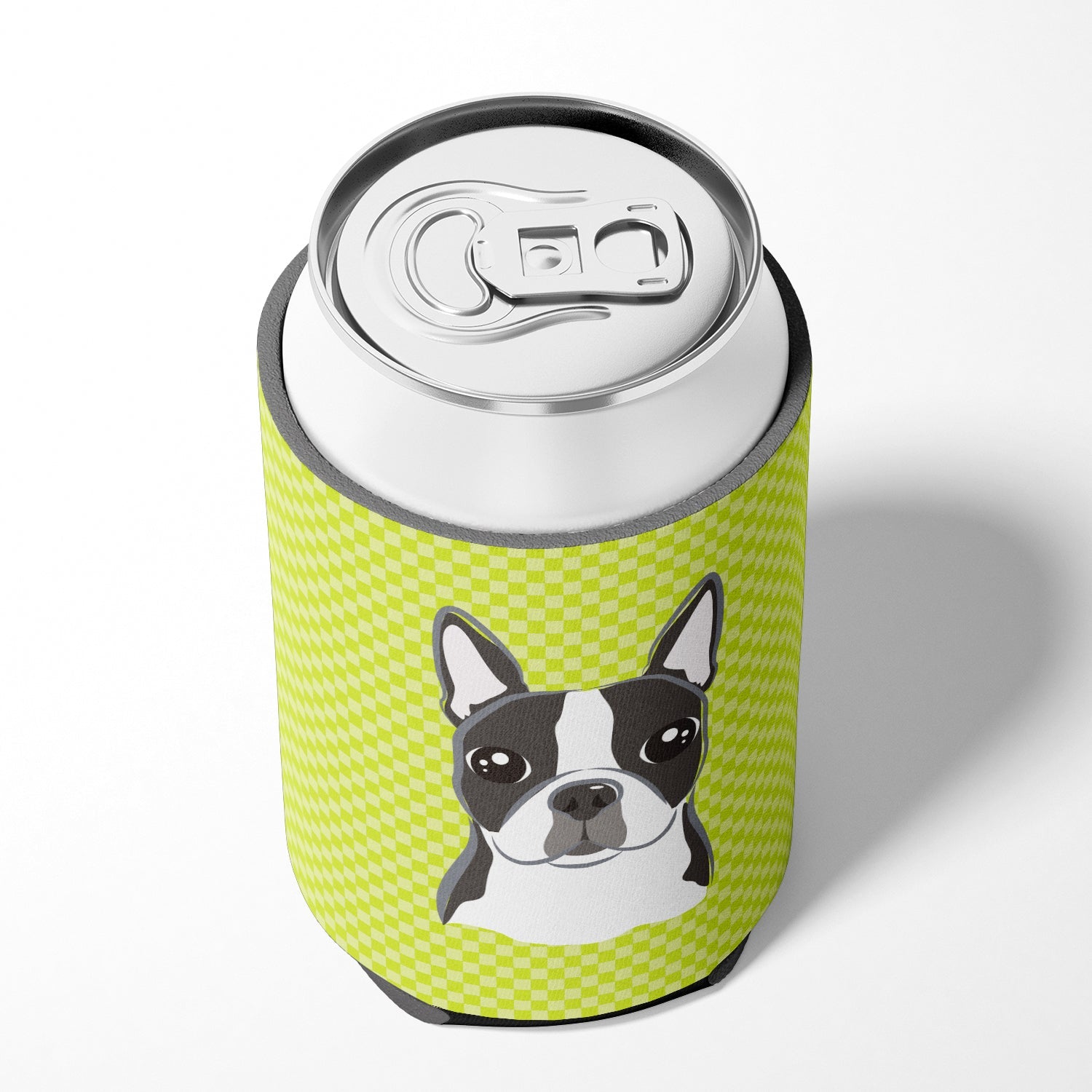 Lime Checkered Boston Terrier Can or Bottle Hugger Cooler Sleeve for Standard 12 oz Cans, Insulated Foam Beer & Soda Can Hugger Reusable