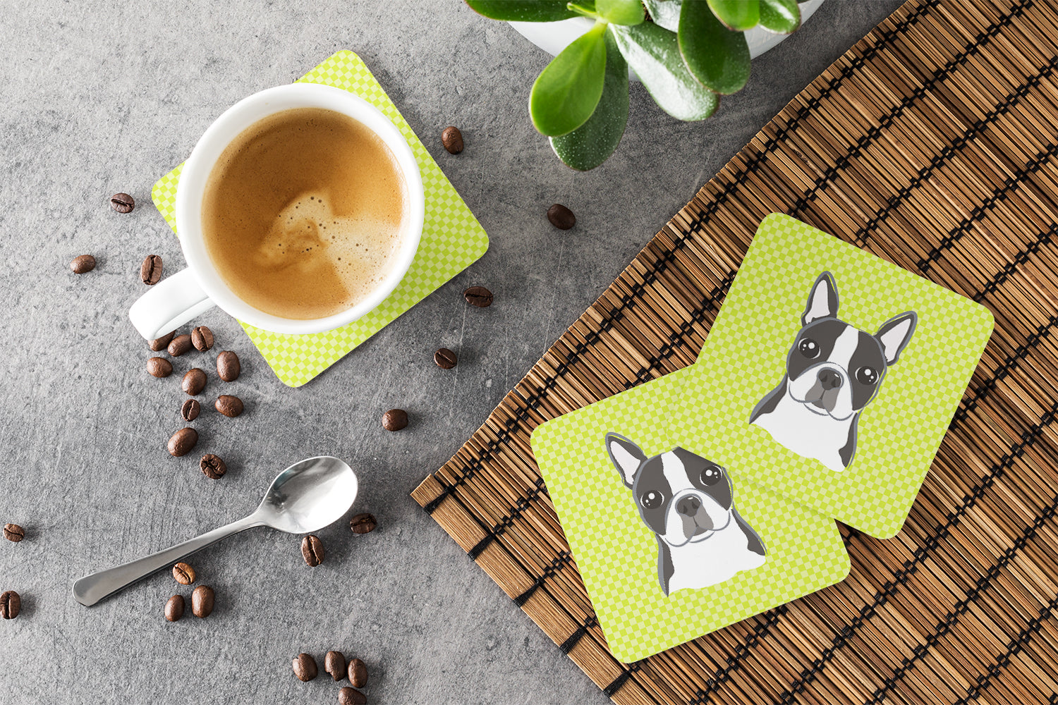 Lime Checkered Boston Terrier Foam Coasters Set of 4 Cup Coasters for Indoor Outdoor, Tabletop Protection, Anti Slip, Mouse pad Material