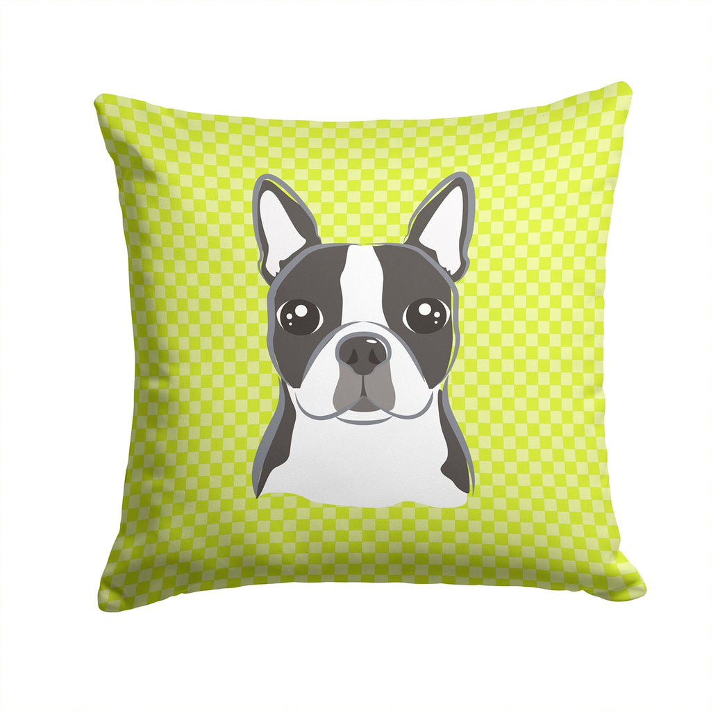 Lime Checkered Boston Terrier Decorative Throw Pillow 14x14 Indoor Outdoor Accent Cushion, Fabric Cover with Insert for Sofa, Bed, Porch & Living Room