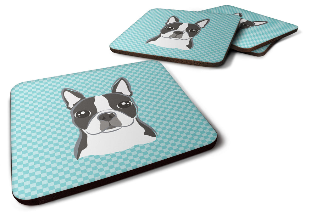 Checkerboard Blue Boston Terrier Foam Coasters Set of 4 Cup Coasters for Indoor Outdoor, Tabletop Protection, Anti Slip, Mouse pad Material