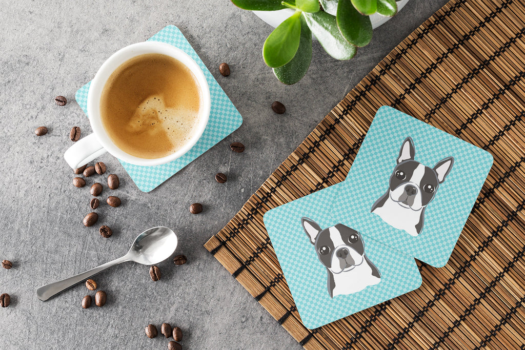 Checkerboard Blue Boston Terrier Foam Coasters Set of 4 Cup Coasters for Indoor Outdoor, Tabletop Protection, Anti Slip, Mouse pad Material