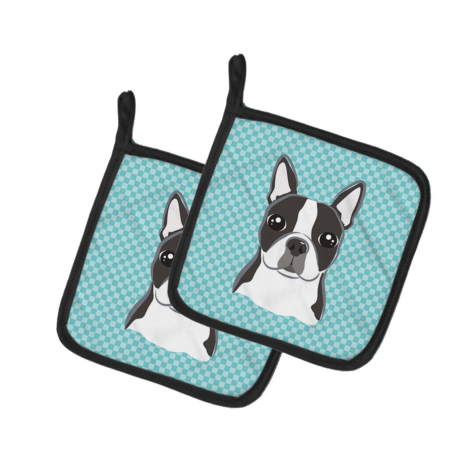 Checkerboard Blue Boston Terrier Pot Holder Set of 2 Heat Resistant Quilted Hot Pads 7.5 x 7.5 Inch, Insulated Kitchen Trivets for Cooking & Baking