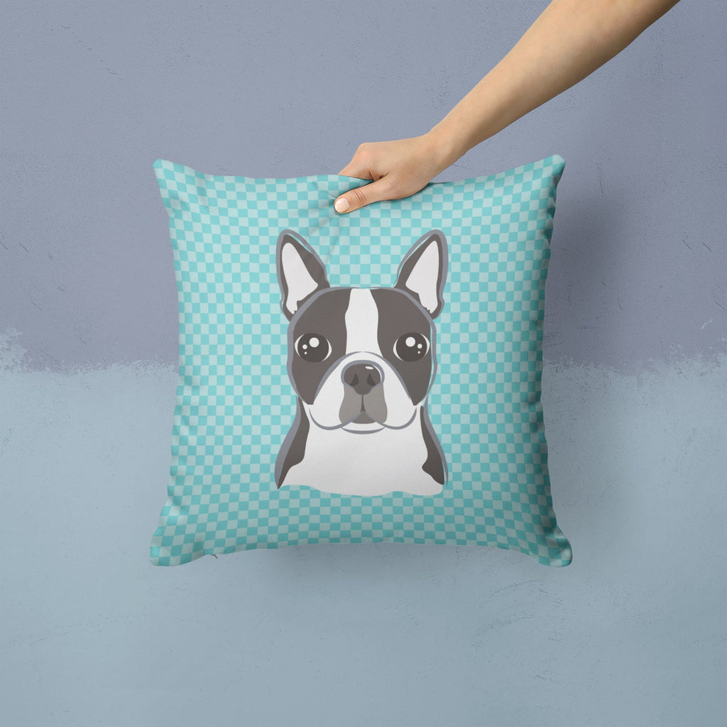 Checkerboard Blue Boston Terrier Decorative Throw Pillow 14x14 Indoor Outdoor Accent Cushion, Fabric Cover with Insert for Sofa, Bed, Porch & Living Room
