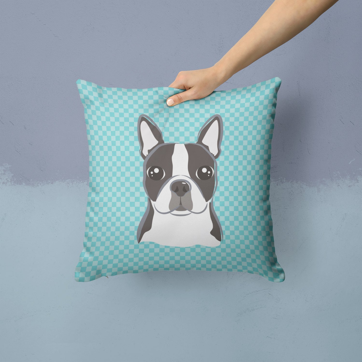 Checkerboard Blue Boston Terrier Decorative Throw Pillow 14x14 Indoor Outdoor Accent Cushion, Fabric Cover with Insert for Sofa, Bed, Porch & Living Room