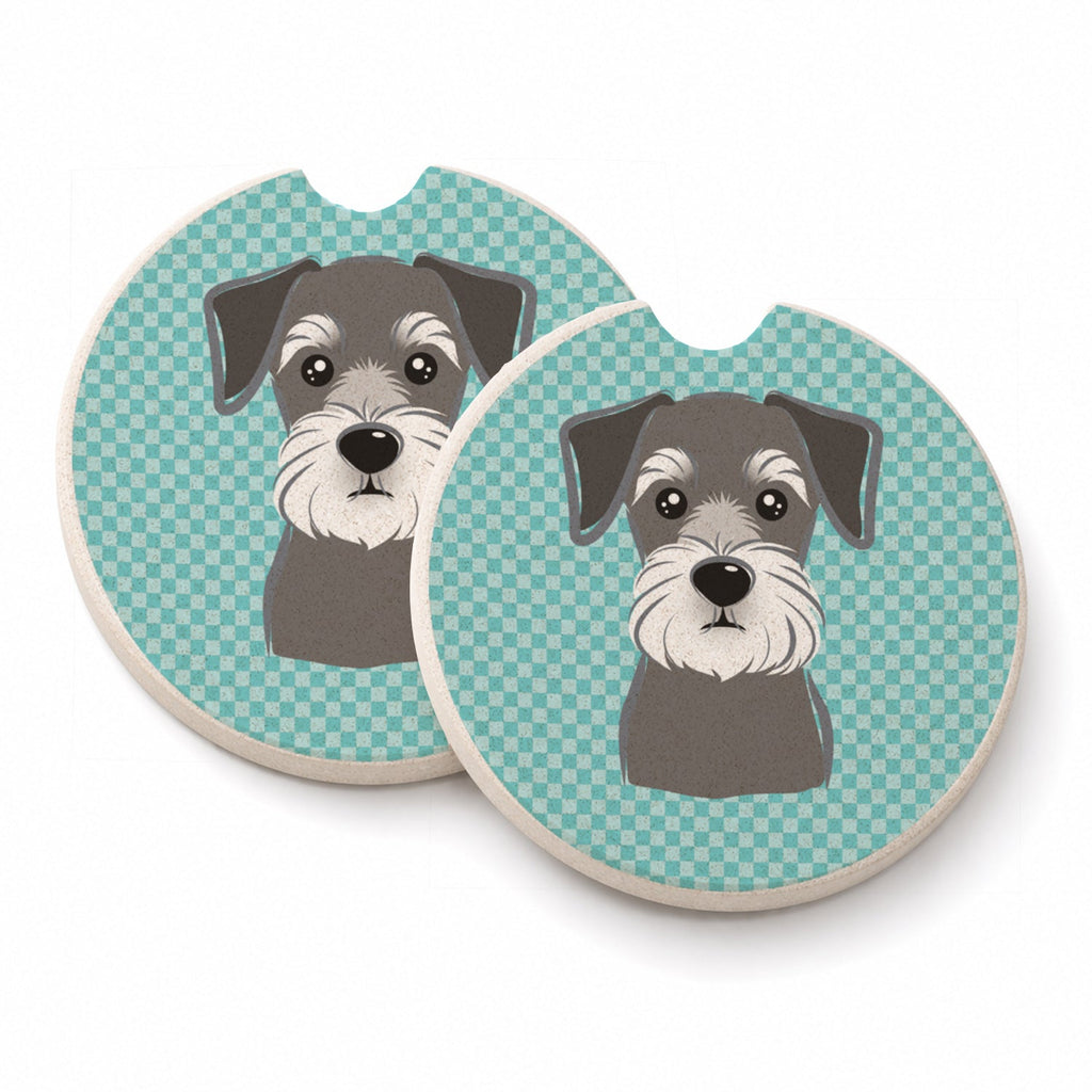 Checkerboard Blue Schnauzer Set of 2 Cup Holder Car Coasters Absorbent Round Sandstone Coasters Gifts for Men or Women, 2.5, Multicolor