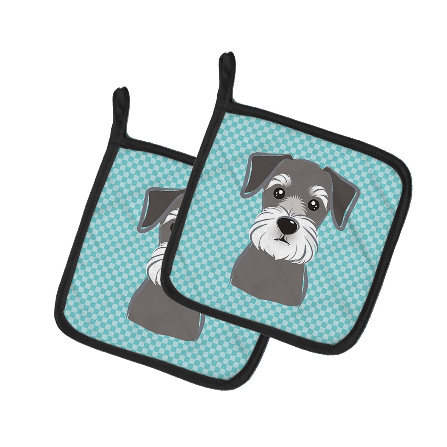 Checkerboard Blue Schnauzer Pot Holder Set of 2 Heat Resistant Quilted Hot Pads 7.5 x 7.5 Inch, Insulated Kitchen Trivets for Cooking & Baking