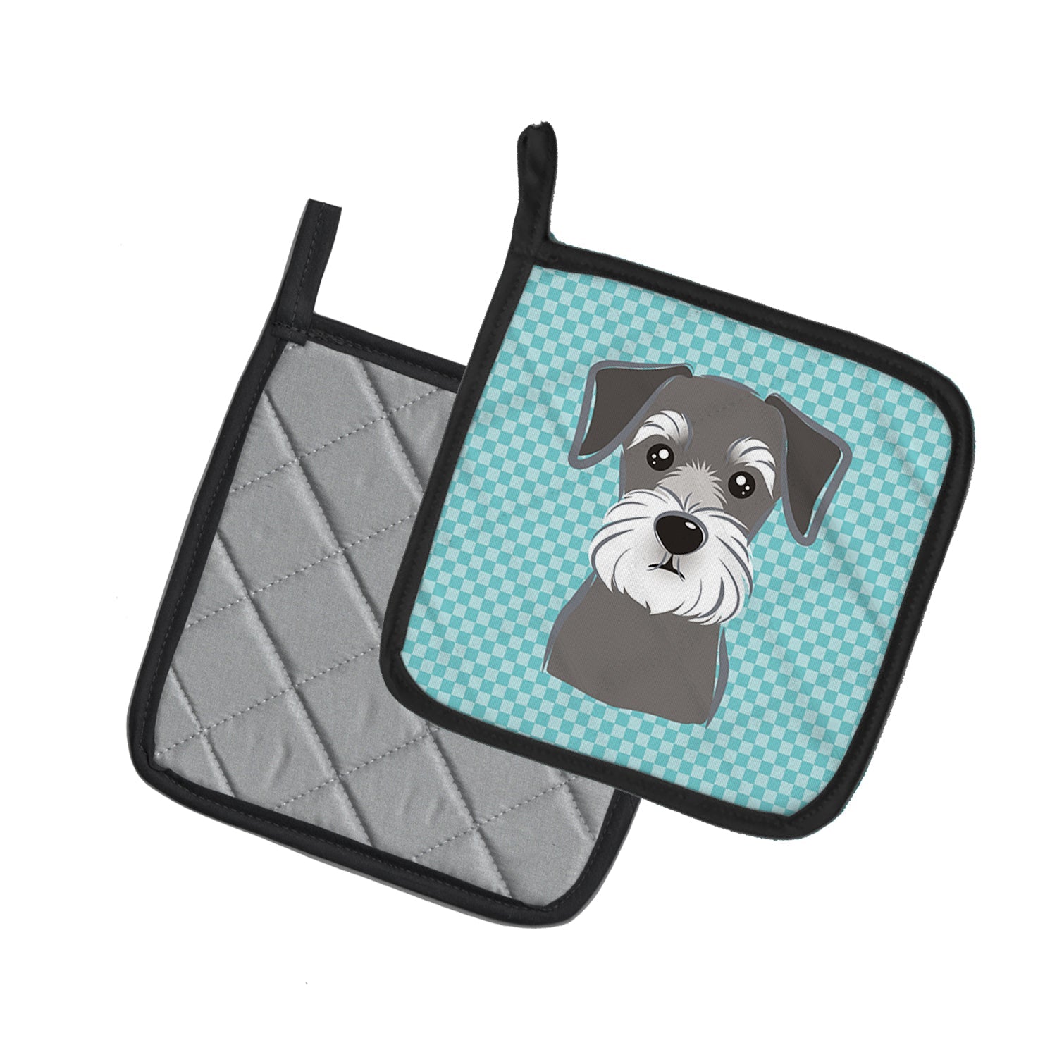 Checkerboard Blue Schnauzer Pot Holder Set of 2 Heat Resistant Quilted Hot Pads 7.5 x 7.5 Inch, Insulated Kitchen Trivets for Cooking & Baking