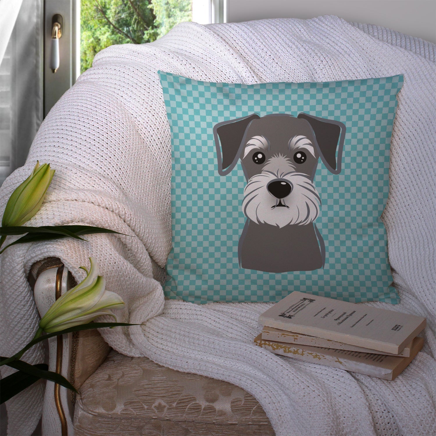 Checkerboard Blue Schnauzer Decorative Throw Pillow 14x14 Indoor Outdoor Accent Cushion, Fabric Cover with Insert for Sofa, Bed, Porch & Living Room