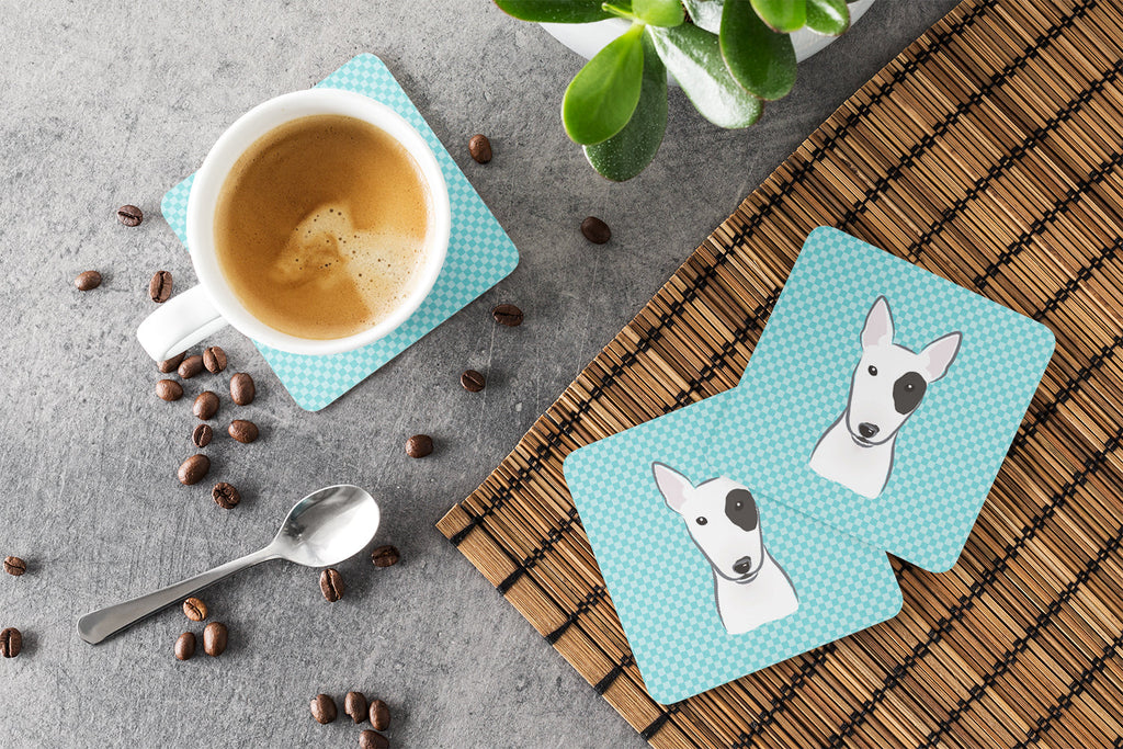 Checkerboard Blue Bull Terrier Foam Coasters Set of 4 Cup Coasters for Indoor Outdoor, Tabletop Protection, Anti Slip, Mouse pad Material