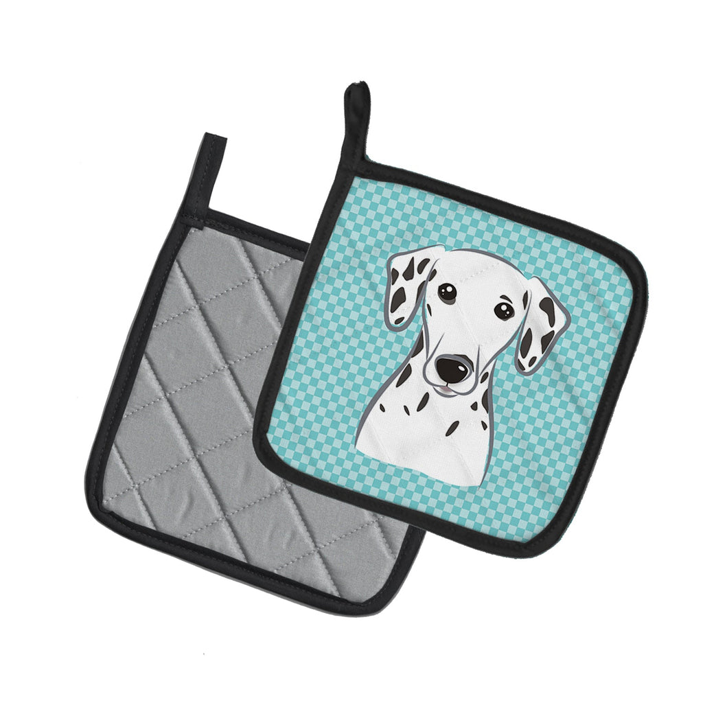 Checkerboard Blue Dalmatian Pot Holder Set of 2 Heat Resistant Quilted Hot Pads 7.5 x 7.5 Inch, Insulated Kitchen Trivets for Cooking & Baking