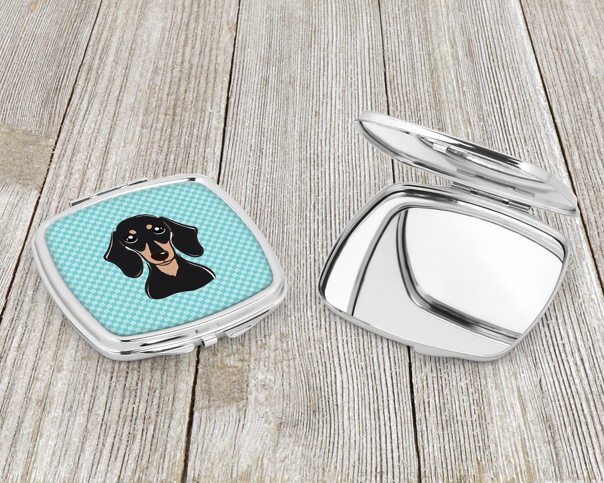 Checkerboard Blue Smooth Black and Tan Dachshund Compact Mirror Decorative Travel Makeup Mirror for Women Girls Gifts Pocket Makeup Mirror Folding Handheld