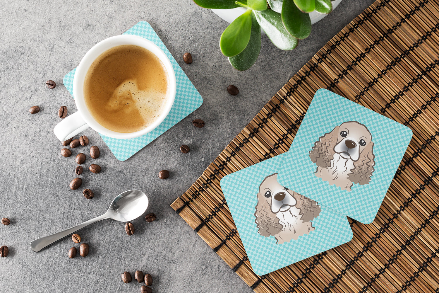 Checkerboard Blue Cocker Spaniel Foam Coasters Set of 4 Cup Coasters for Indoor Outdoor, Tabletop Protection, Anti Slip, Mouse pad Material