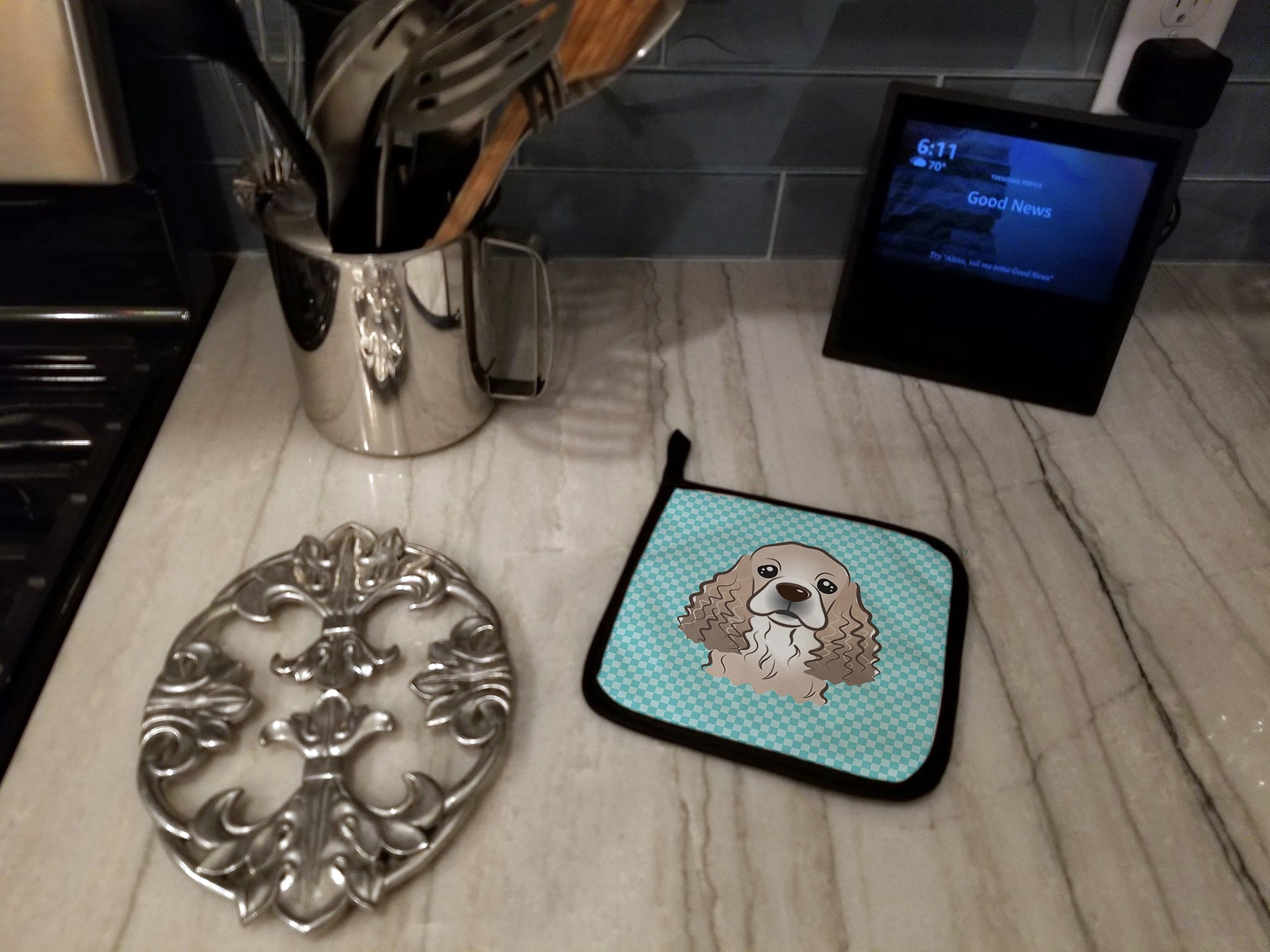 Checkerboard Blue Cocker Spaniel Pot Holder Set of 2 Heat Resistant Quilted Hot Pads 7.5 x 7.5 Inch, Insulated Kitchen Trivets for Cooking & Baking