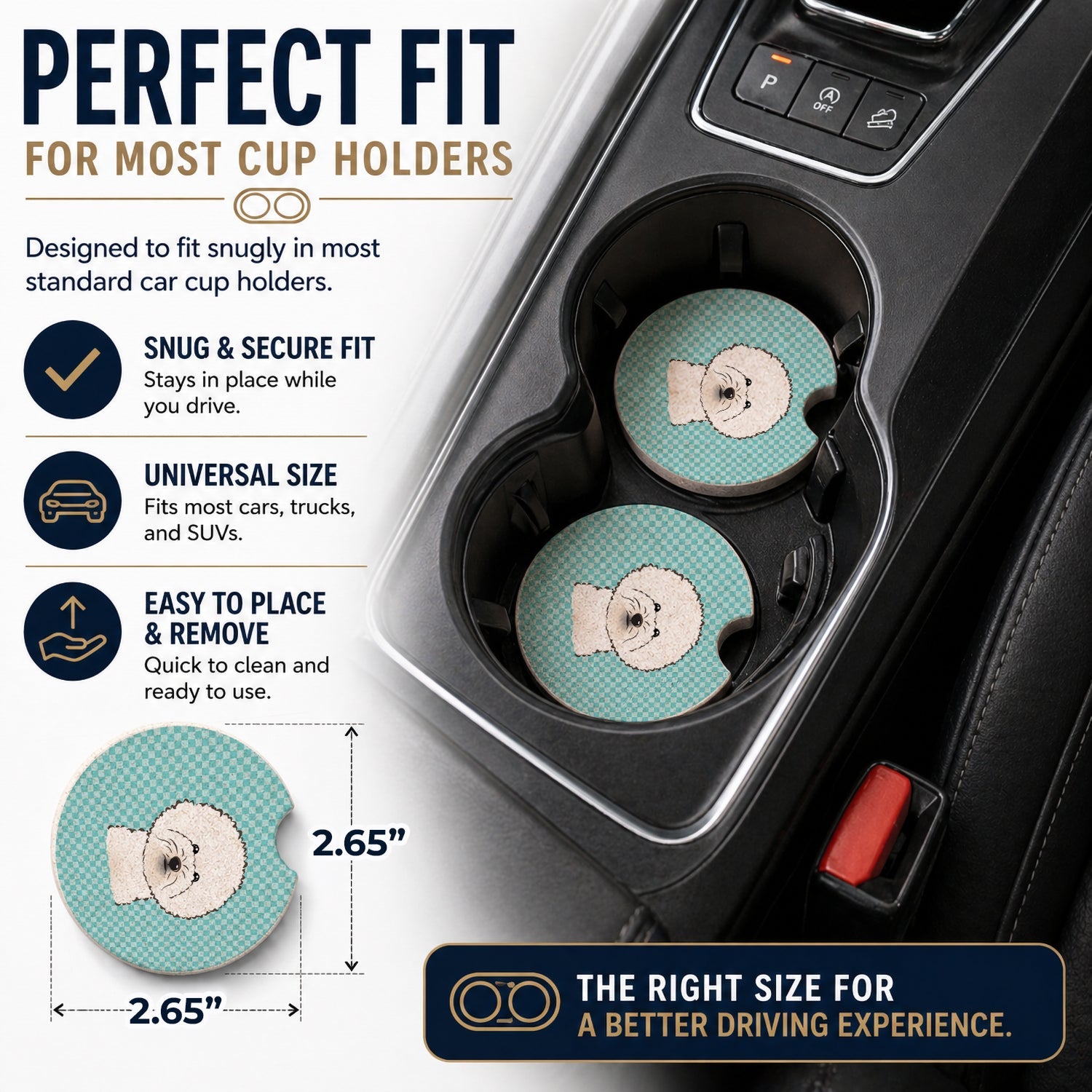 Checkerboard Blue Bichon Frise Set of 2 Cup Holder Car Coasters Absorbent Round Sandstone Coasters Gifts for Men or Women, 2.5, Multicolor