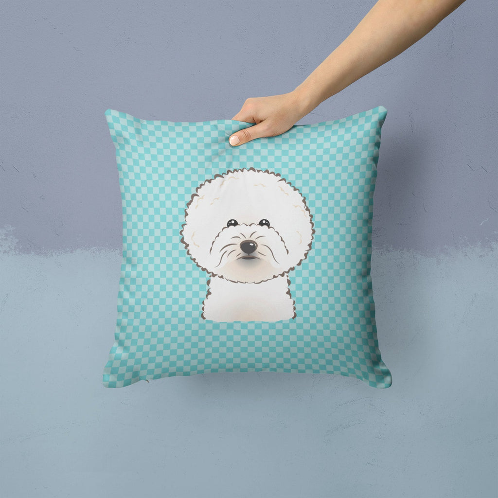 Checkerboard Blue Bichon Frise Decorative Throw Pillow 14x14 Indoor Outdoor Accent Cushion, Fabric Cover with Insert for Sofa, Bed, Porch & Living Room