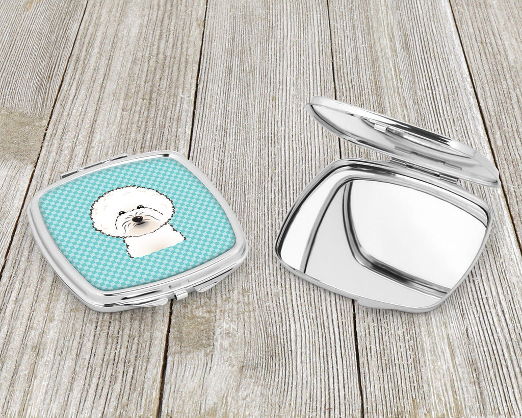 Checkerboard Blue Bichon Frise Compact Mirror Decorative Travel Makeup Mirror for Women Girls Gifts Pocket Makeup Mirror Folding Handheld