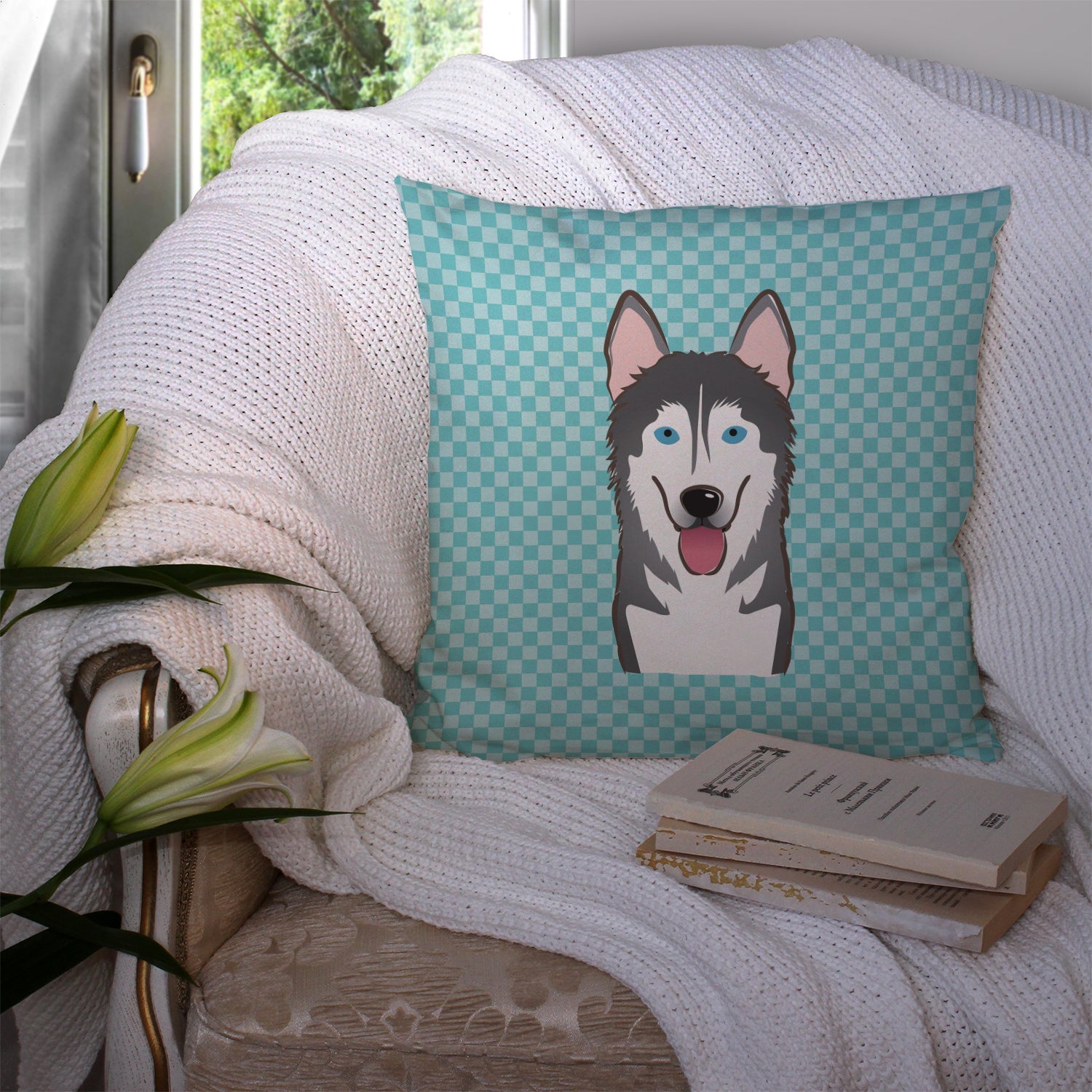 Checkerboard Blue Alaskan Malamute Decorative Throw Pillow 14x14 Indoor Outdoor Accent Cushion, Fabric Cover with Insert for Sofa, Bed, Porch & Living Room
