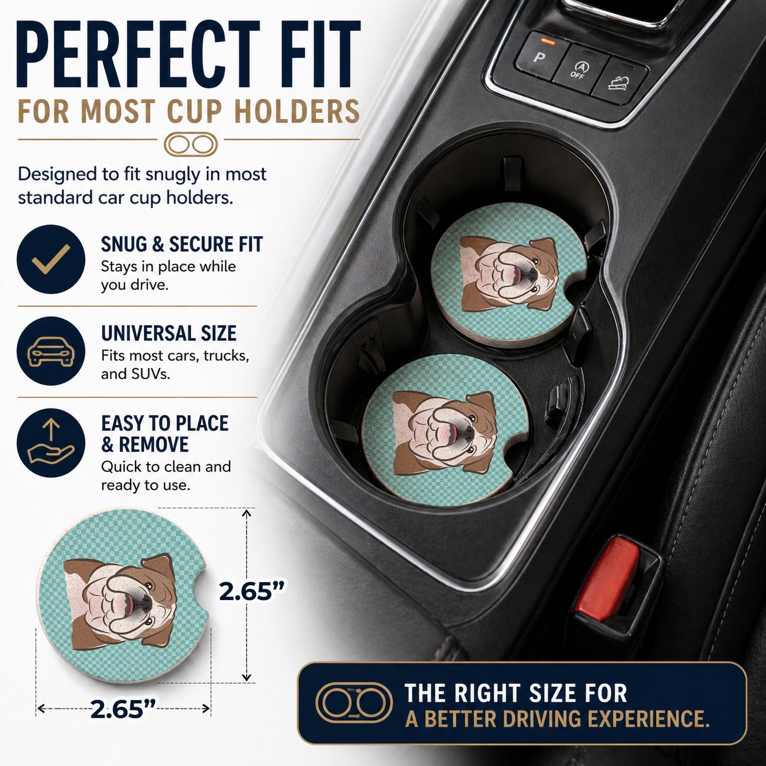 Checkerboard Blue English Bulldog  Set of 2 Cup Holder Car Coasters Absorbent Round Sandstone Coasters Gifts for Men or Women, 2.5, Multicolor