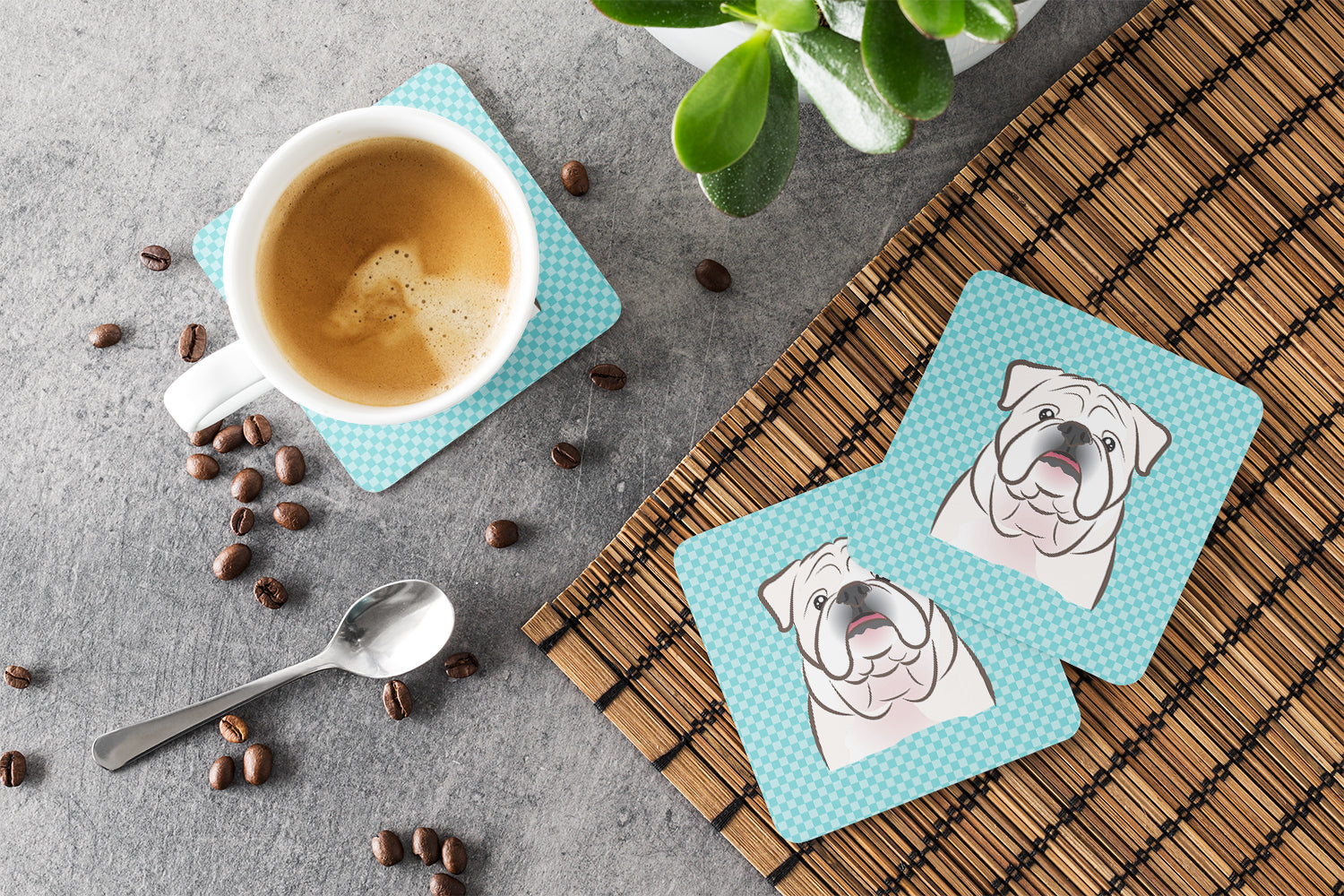 Checkerboard Blue White English Bulldog  Foam Coasters Set of 4 Cup Coasters for Indoor Outdoor, Tabletop Protection, Anti Slip, Mouse pad Material