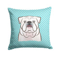 Checkerboard Blue White English Bulldog  Decorative Throw Pillow 14x14 Indoor Outdoor Accent Cushion, Fabric Cover with Insert for Sofa, Bed, Porch & Living Room